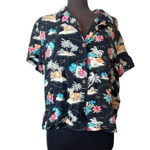 Havana Jacks Cafe Button Up Shirt Hawaiian Vacation Palms & Flowers Vintage